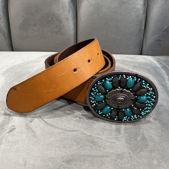 Esprit Oval buckle belt, Women leather belt with blue stones Vintage - Picture 2 of 16
